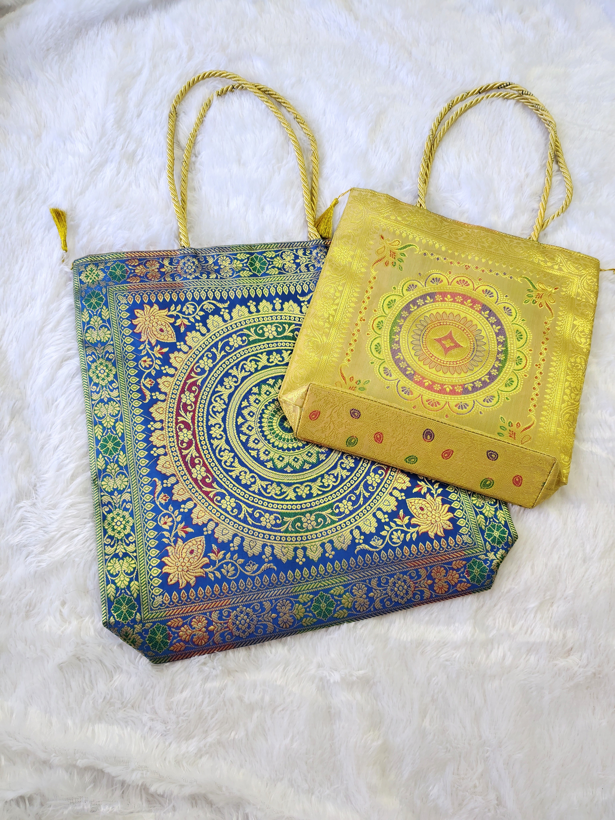 Heritage Combo Royal Blue (Large) & Golden (Medium) Silk Tote Bag
