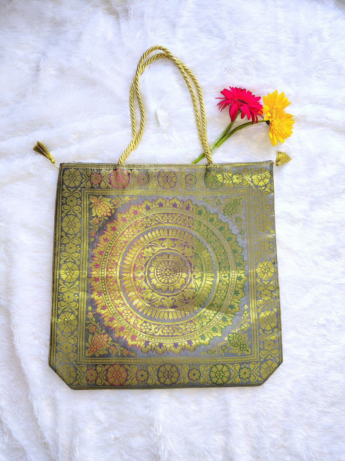 "Royal Grace" Gray & Gold Silk Tote Bag Combo
